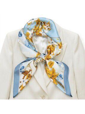 Luxurious Elegant Silky Square Scarf Blue White Orange Floral Blossom Wrap hijab